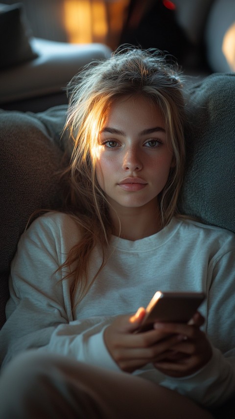 Candid Photo of a Woman in a White T Shirt and Sweatpants on a Dark Gray Couch – Realistic Detail (72)