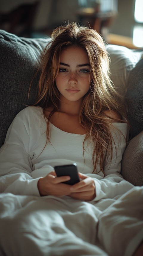 Candid Photo of a Woman in a White T Shirt and Sweatpants on a Dark Gray Couch – Realistic Detail (63)