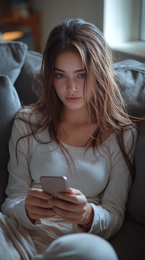 Candid Photo of a Woman in a White T Shirt and Sweatpants on a Dark Gray Couch – Realistic Detail (85)