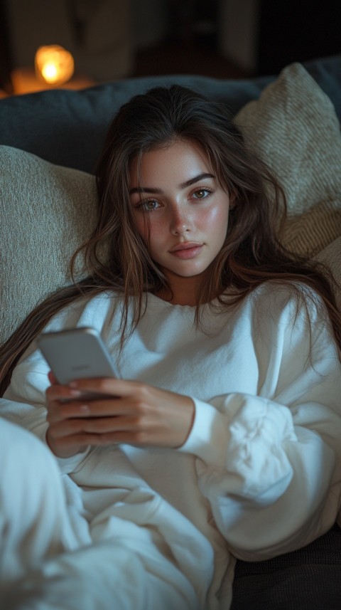 Candid Photo of a Woman in a White T Shirt and Sweatpants on a Dark Gray Couch – Realistic Detail (91)