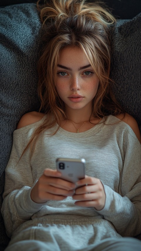 Candid Photo of a Woman in a White T Shirt and Sweatpants on a Dark Gray Couch – Realistic Detail (61)