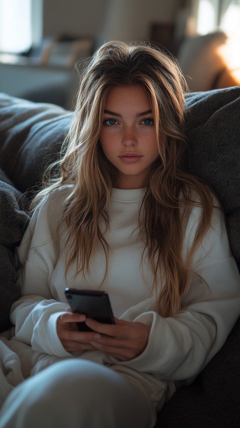 Candid Photo of a Woman in a White T Shirt and Sweatpants on a Dark Gray Couch – Realistic Detail (86)