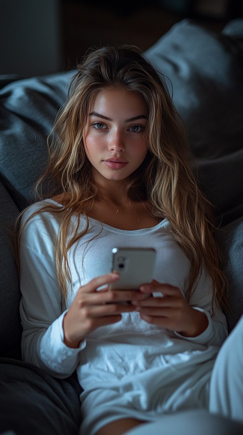 Candid Photo of a Woman in a White T Shirt and Sweatpants on a Dark Gray Couch – Realistic Detail (89)