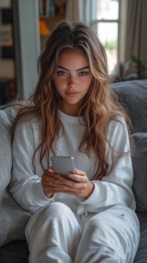 Candid Photo of a Woman in a White T Shirt and Sweatpants on a Dark Gray Couch – Realistic Detail (76)