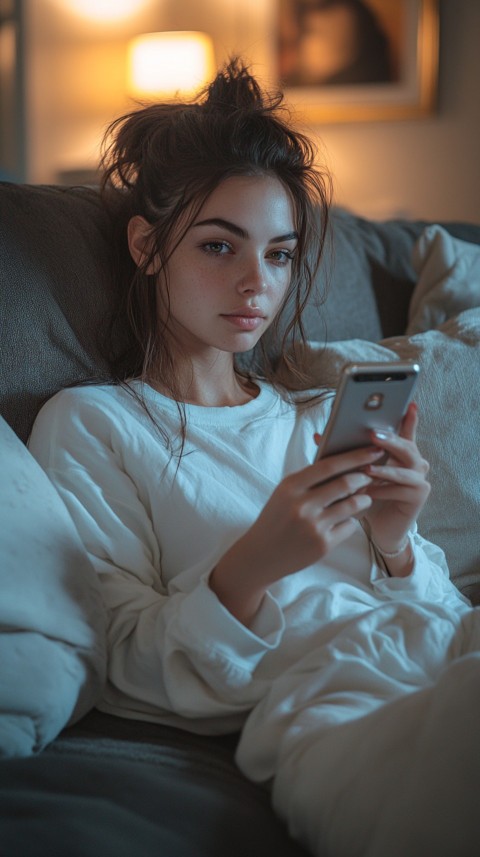 Candid Photo of a Woman in a White T Shirt and Sweatpants on a Dark Gray Couch – Realistic Detail (77)