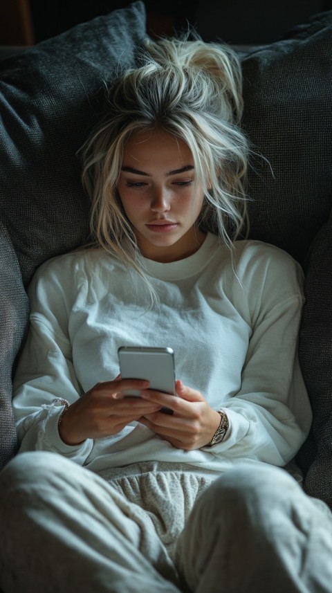 Candid Photo of a Woman in a White T Shirt and Sweatpants on a Dark Gray Couch – Realistic Detail (90)