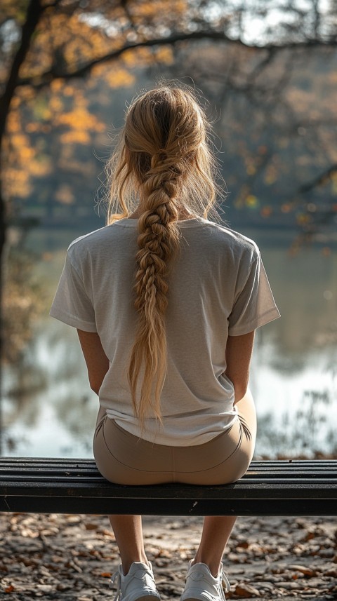 Distant Back View of a Woman in Leggings and an Oversized T Shirt on a Park Bench – Sunlit Normcore Aesthetic (10)