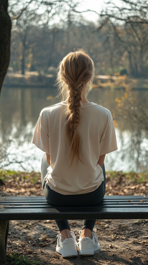 Distant Back View of a Woman in Leggings and an Oversized T Shirt on a Park Bench – Sunlit Normcore Aesthetic (17)