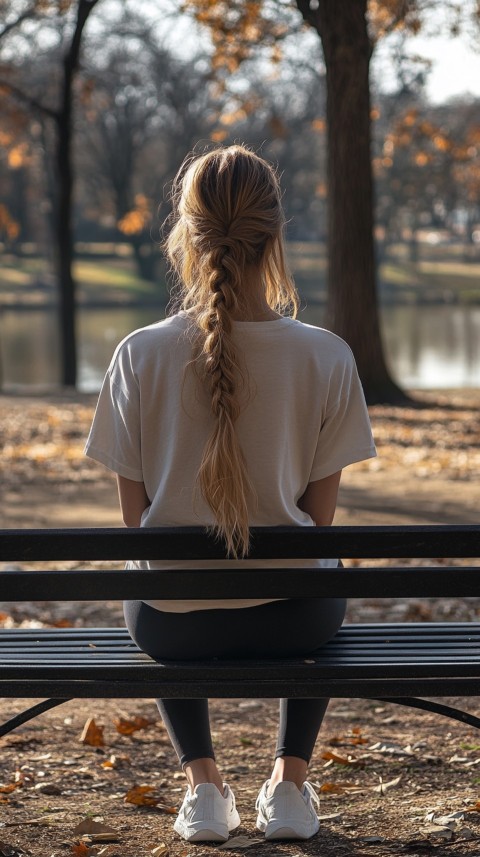 Distant Back View of a Woman in Leggings and an Oversized T Shirt on a Park Bench – Sunlit Normcore Aesthetic (6)