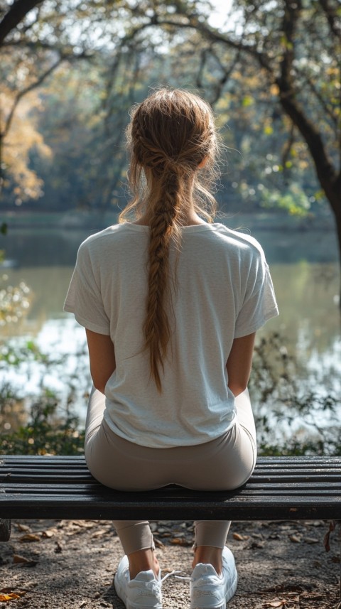 Distant Back View of a Woman in Leggings and an Oversized T Shirt on a Park Bench – Sunlit Normcore Aesthetic (18)