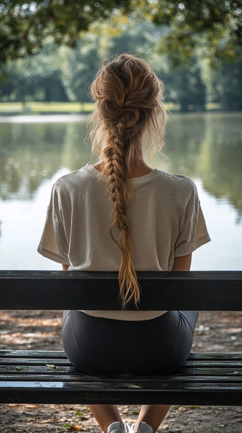 Distant Back View of a Woman in Leggings and an Oversized T Shirt on a Park Bench – Sunlit Normcore Aesthetic (14)