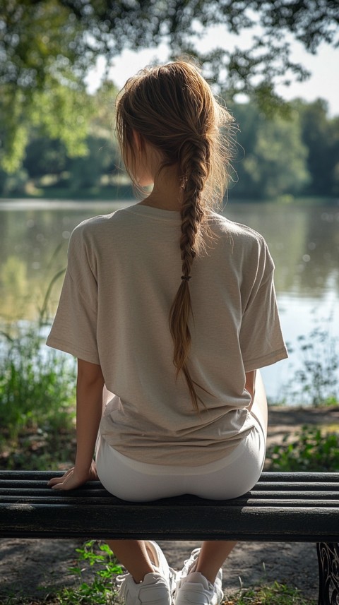 Distant Back View of a Woman in Leggings and an Oversized T Shirt on a Park Bench – Sunlit Normcore Aesthetic (11)