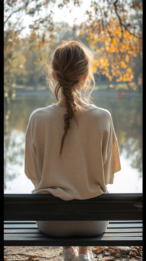 Distant Back View of a Woman in Leggings and an Oversized T Shirt on a Park Bench – Sunlit Normcore Aesthetic (22)