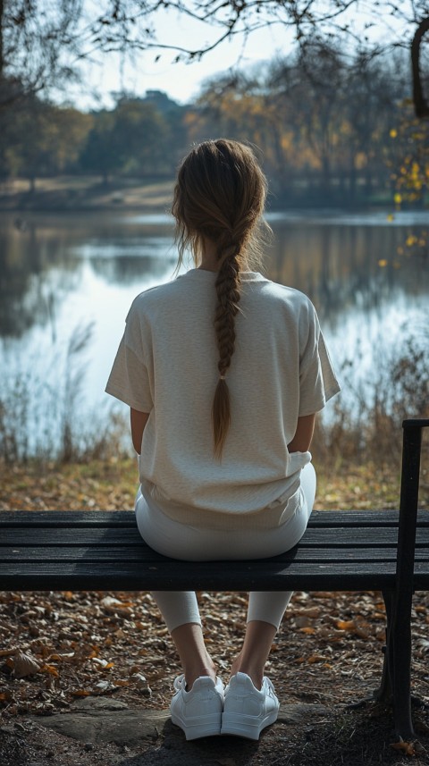 Distant Back View of a Woman in Leggings and an Oversized T Shirt on a Park Bench – Sunlit Normcore Aesthetic (38)