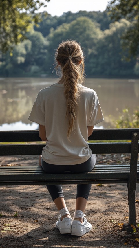 Distant Back View of a Woman in Leggings and an Oversized T Shirt on a Park Bench – Sunlit Normcore Aesthetic (31)