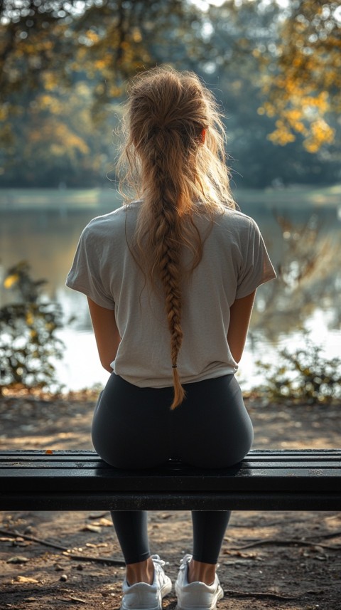 Distant Back View of a Woman in Leggings and an Oversized T Shirt on a Park Bench – Sunlit Normcore Aesthetic (27)