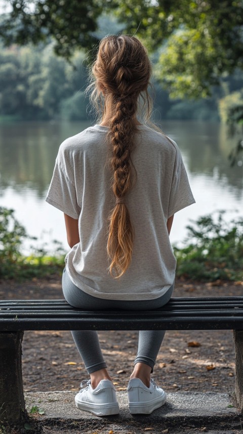 Distant Back View of a Woman in Leggings and an Oversized T Shirt on a Park Bench – Sunlit Normcore Aesthetic (41)