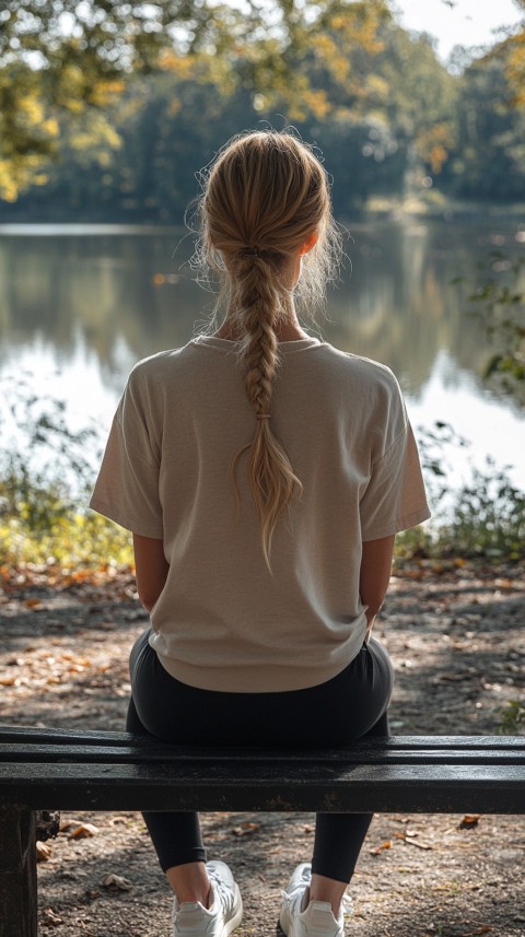 Distant Back View of a Woman in Leggings and an Oversized T Shirt on a Park Bench – Sunlit Normcore Aesthetic (46)