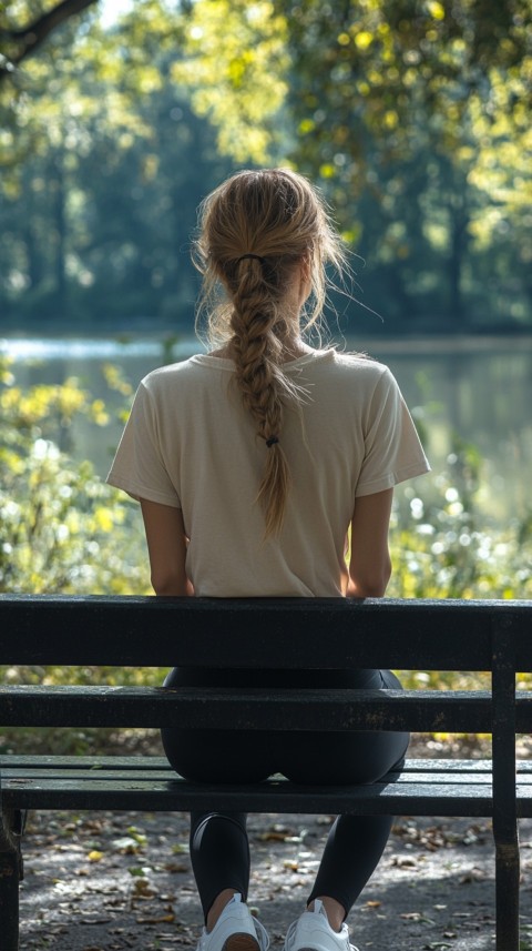 Distant Back View of a Woman in Leggings and an Oversized T Shirt on a Park Bench – Sunlit Normcore Aesthetic (42)