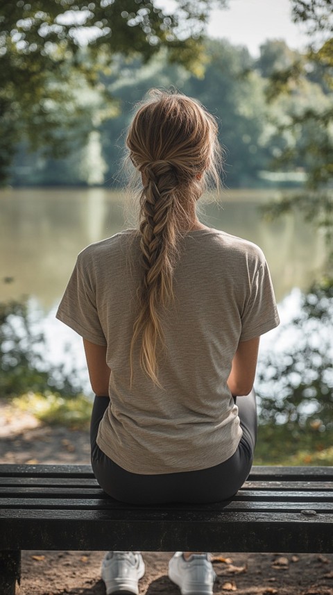 Distant Back View of a Woman in Leggings and an Oversized T Shirt on a Park Bench – Sunlit Normcore Aesthetic (33)