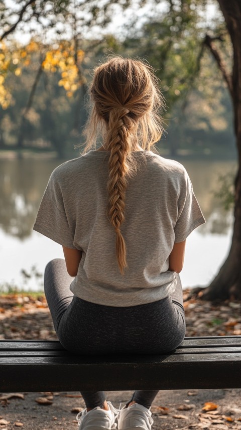 Distant Back View of a Woman in Leggings and an Oversized T Shirt on a Park Bench – Sunlit Normcore Aesthetic (39)