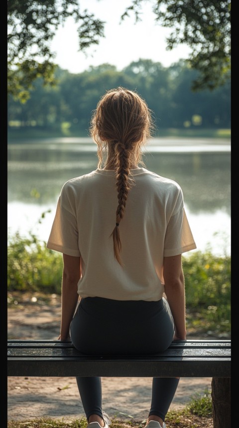 Distant Back View of a Woman in Leggings and an Oversized T Shirt on a Park Bench – Sunlit Normcore Aesthetic (74)