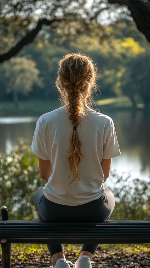 Distant Back View of a Woman in Leggings and an Oversized T Shirt on a Park Bench – Sunlit Normcore Aesthetic (83)