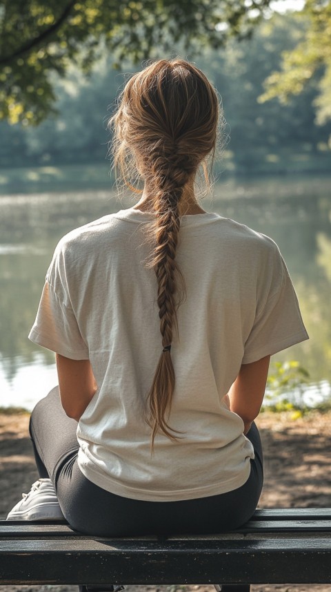 Distant Back View of a Woman in Leggings and an Oversized T Shirt on a Park Bench – Sunlit Normcore Aesthetic (73)