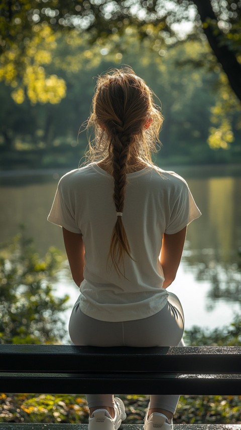 Distant Back View of a Woman in Leggings and an Oversized T Shirt on a Park Bench – Sunlit Normcore Aesthetic (68)