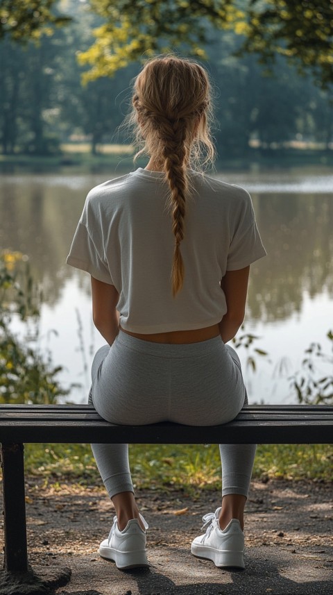 Distant Back View of a Woman in Leggings and an Oversized T Shirt on a Park Bench – Sunlit Normcore Aesthetic (89)