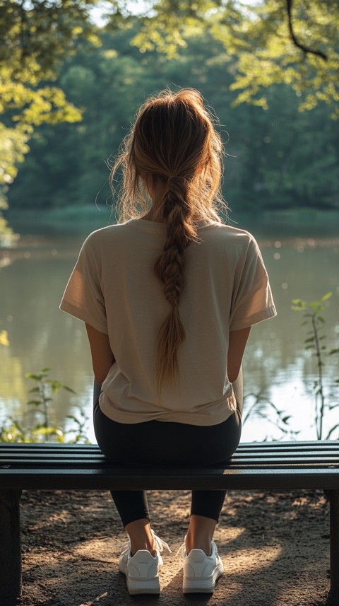 Distant Back View of a Woman in Leggings and an Oversized T Shirt on a Park Bench – Sunlit Normcore Aesthetic (66)