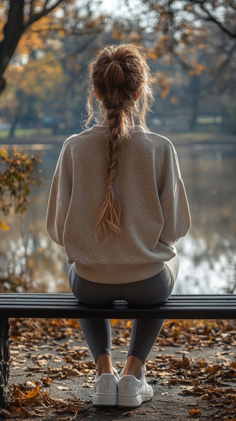 Distant Back View of a Woman in Leggings and an Oversized T Shirt on a Park Bench – Sunlit Normcore Aesthetic (91)