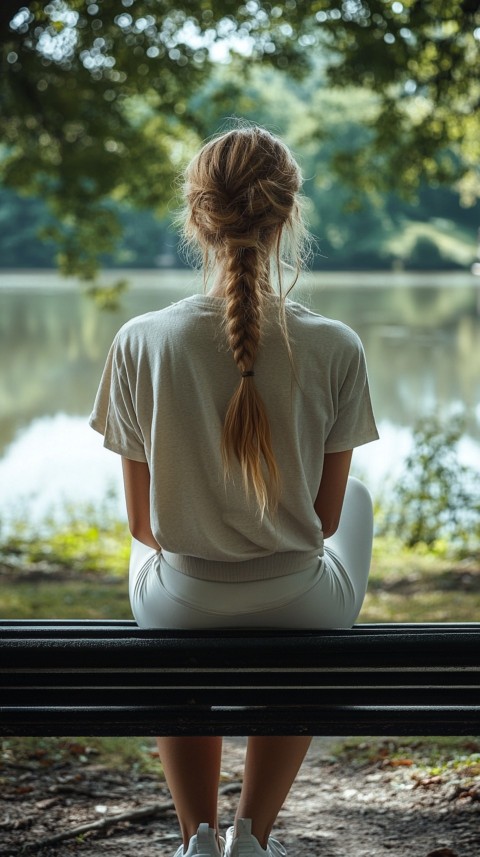 Distant Back View of a Woman in Leggings and an Oversized T Shirt on a Park Bench – Sunlit Normcore Aesthetic (64)