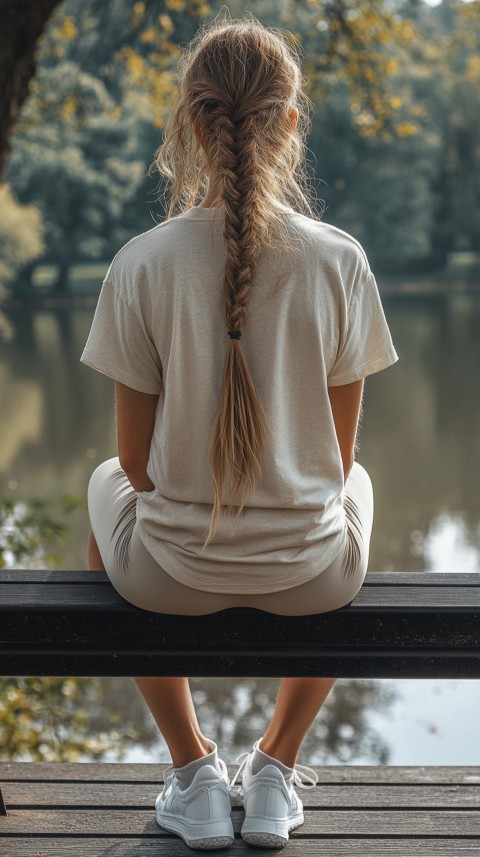 Distant Back View of a Woman in Leggings and an Oversized T Shirt on a Park Bench – Sunlit Normcore Aesthetic (94)