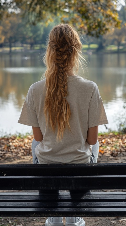 Distant Back View of a Woman in Leggings and an Oversized T Shirt on a Park Bench – Sunlit Normcore Aesthetic (81)