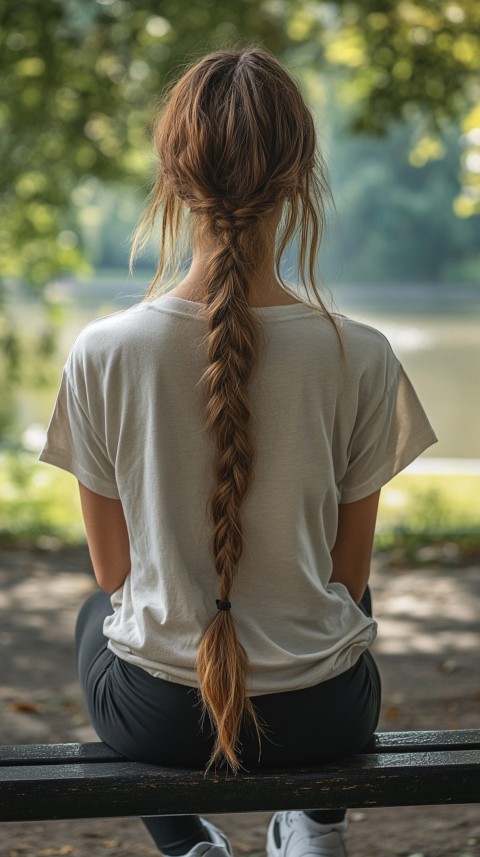 Distant Back View of a Woman in Leggings and an Oversized T Shirt on a Park Bench – Sunlit Normcore Aesthetic (82)