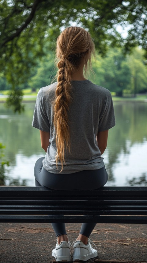 Distant Back View of a Woman in Leggings and an Oversized T Shirt on a Park Bench – Sunlit Normcore Aesthetic (86)