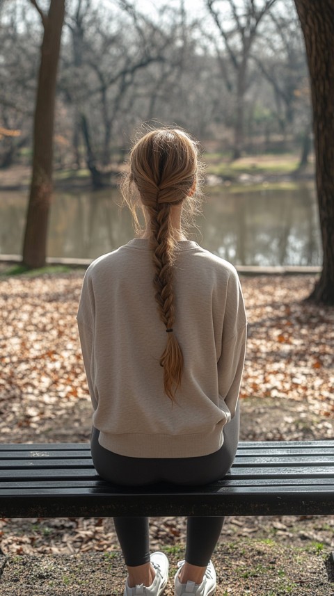 Distant Back View of a Woman in Leggings and an Oversized T Shirt on a Park Bench – Sunlit Normcore Aesthetic (54)