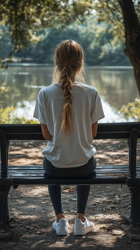 Distant Back View of a Woman in Leggings and an Oversized T Shirt on a Park Bench – Sunlit Normcore Aesthetic (52)