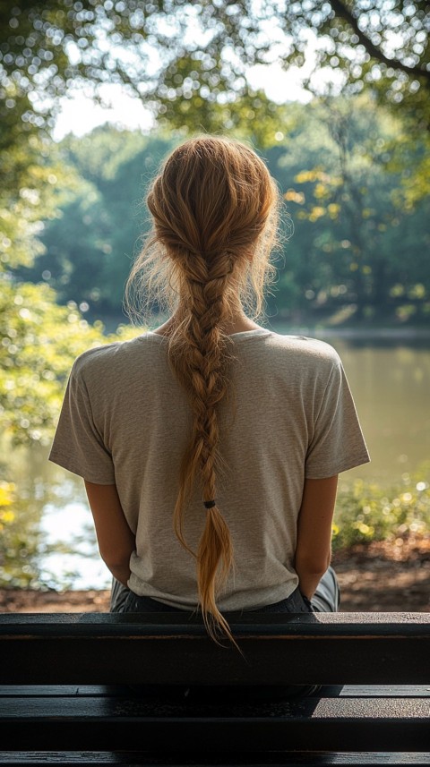 Distant Back View of a Woman in Leggings and an Oversized T Shirt on a Park Bench – Sunlit Normcore Aesthetic (65)