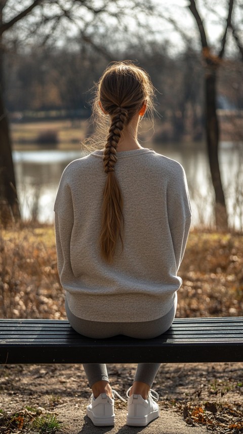 Distant Back View of a Woman in Leggings and an Oversized T Shirt on a Park Bench – Sunlit Normcore Aesthetic (84)