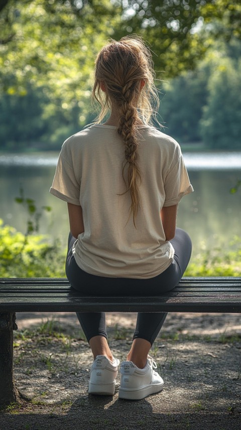 Distant Back View of a Woman in Leggings and an Oversized T Shirt on a Park Bench – Sunlit Normcore Aesthetic (72)