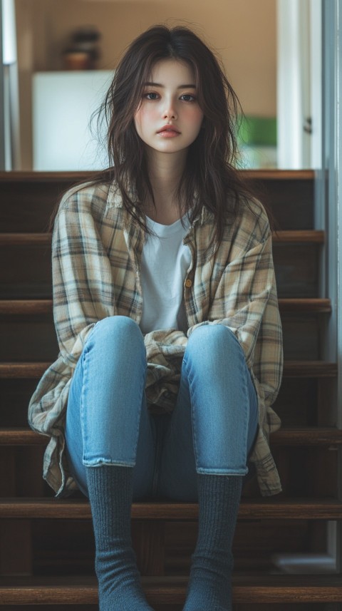 Distant Shot of a Woman in Skinny Jeans and an Oversized Plaid Shirt Sitting on Staircase Steps – Cozy Normcore Aesthetic (8)