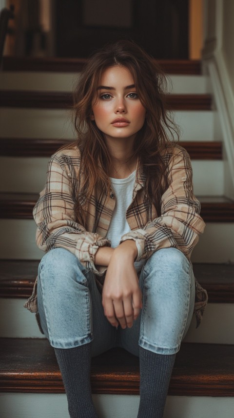 Distant Shot of a Woman in Skinny Jeans and an Oversized Plaid Shirt Sitting on Staircase Steps – Cozy Normcore Aesthetic (5)