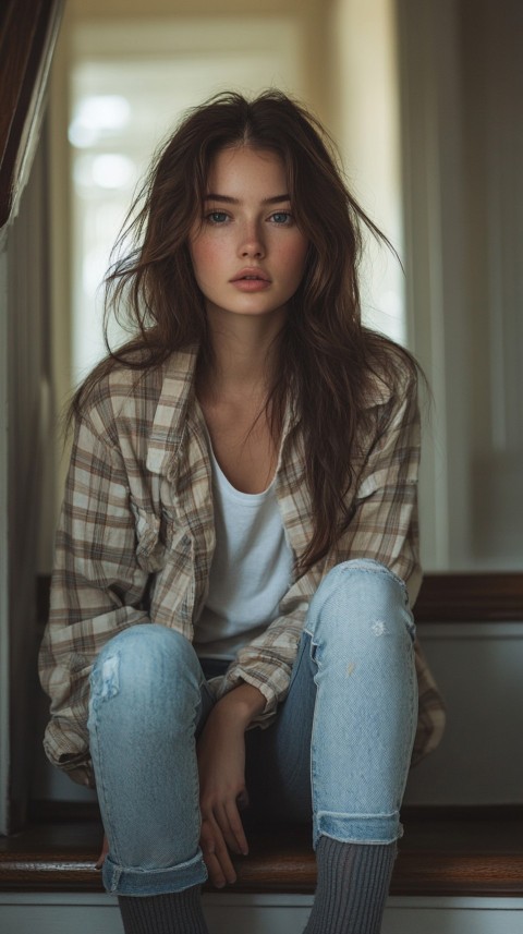 Distant Shot of a Woman in Skinny Jeans and an Oversized Plaid Shirt Sitting on Staircase Steps – Cozy Normcore Aesthetic (14)