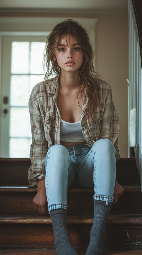 Distant Shot of a Woman in Skinny Jeans and an Oversized Plaid Shirt Sitting on Staircase Steps – Cozy Normcore Aesthetic (13)