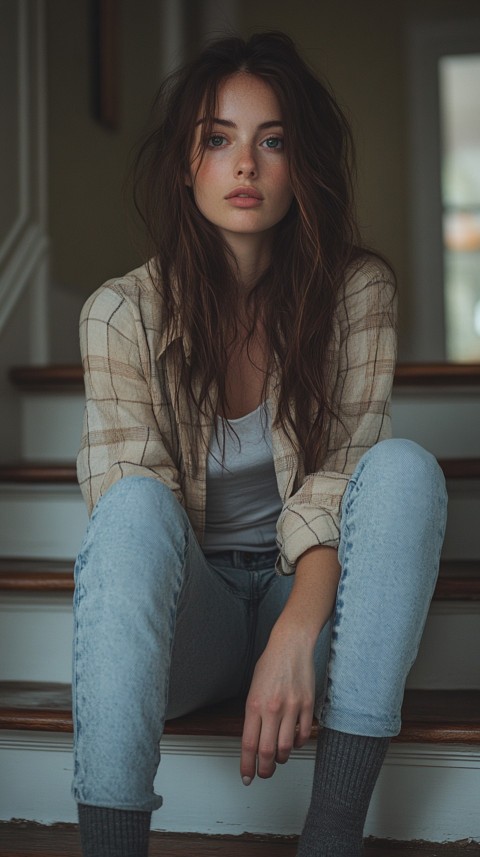 Distant Shot of a Woman in Skinny Jeans and an Oversized Plaid Shirt Sitting on Staircase Steps – Cozy Normcore Aesthetic (15)