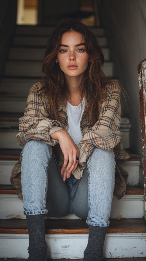 Distant Shot of a Woman in Skinny Jeans and an Oversized Plaid Shirt Sitting on Staircase Steps – Cozy Normcore Aesthetic (19)