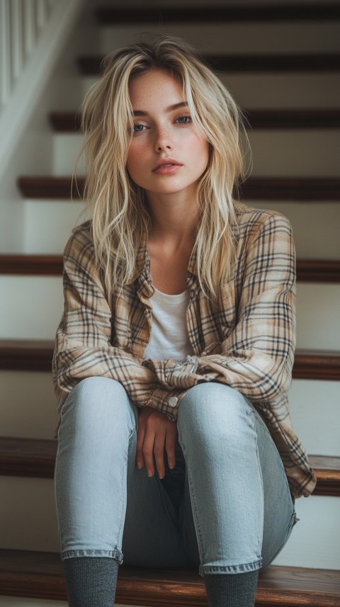 Distant Shot of a Woman in Skinny Jeans and an Oversized Plaid Shirt Sitting on Staircase Steps – Cozy Normcore Aesthetic (3)