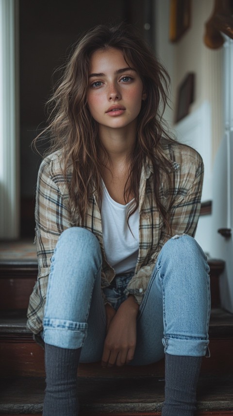 Distant Shot of a Woman in Skinny Jeans and an Oversized Plaid Shirt Sitting on Staircase Steps – Cozy Normcore Aesthetic (61)